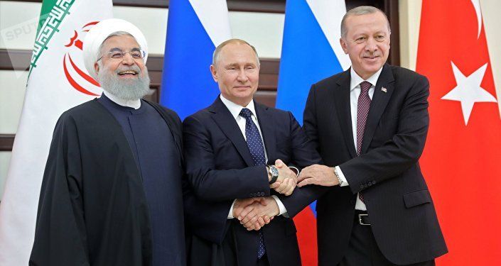 الرئيس الروسي فلاديمير بوتين ونظيره التركي رجب طيب أردوغان والإيراني حسن روحاني في لقاء سوتشي، روسيا 14 فبراير/ شباط 2019