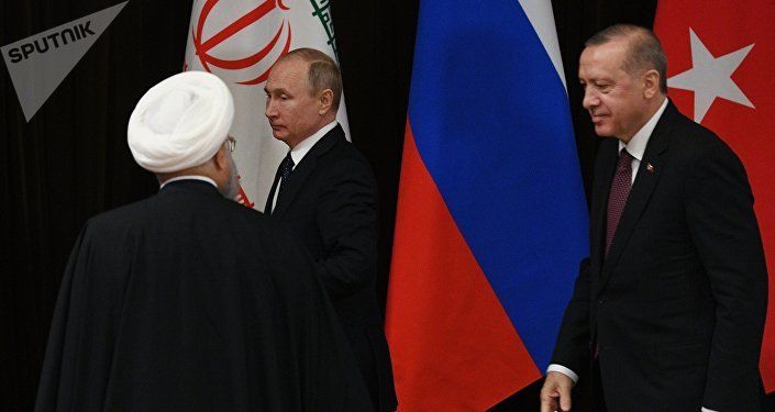 الرئيس الروسي فلاديمير بوتين ونظيره التركي رجب طيب أردوغان والإيراني حسن روحاني في لقاء سوتشي، روسيا 14 فبراير/ شباط 2019