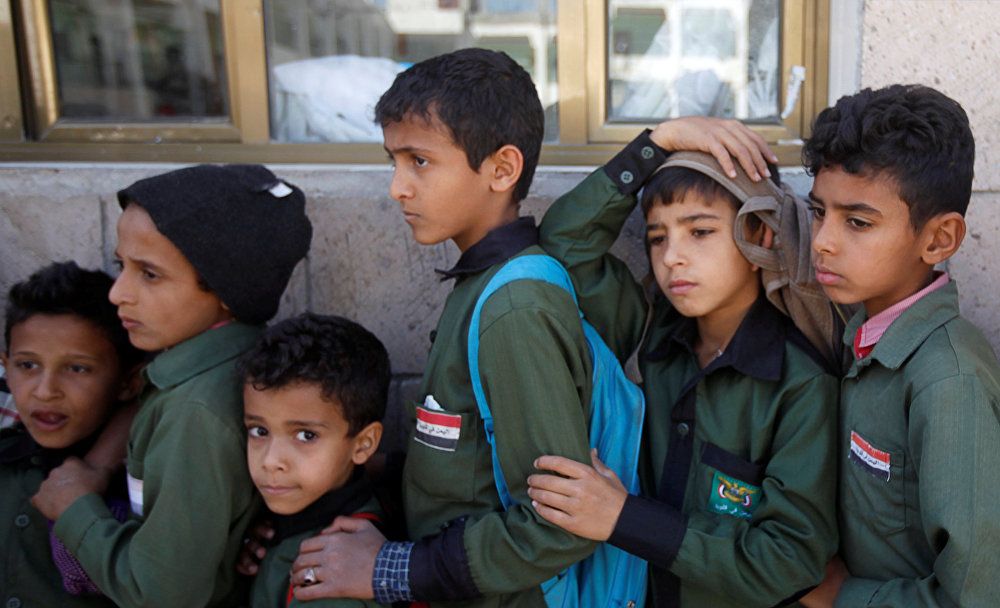 تلاميذ يمنيين في صنعاء في 19 فبراير / شباط 2019
