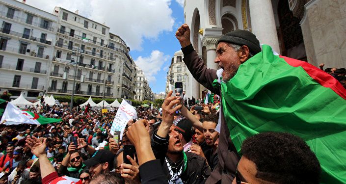رجل يحتج على تعيين الرئيس المؤقت عبد القادر بن صالح ويطالب بإجراء تغييرات جذرية في النظام السياسي في الجزائر العاصمة