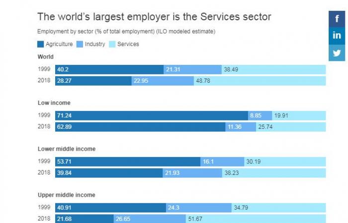في صراع الوظائف عالمياً..قطاع الخدمات يفوز بنسبة تقارب الـ50%