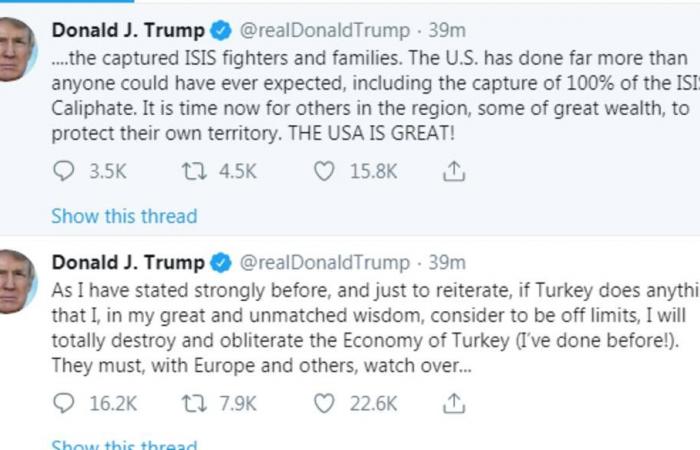 ترامب يهدد بتدمير اقتصاد تركيا حال قيامها بعملية كبيرة بسوريا