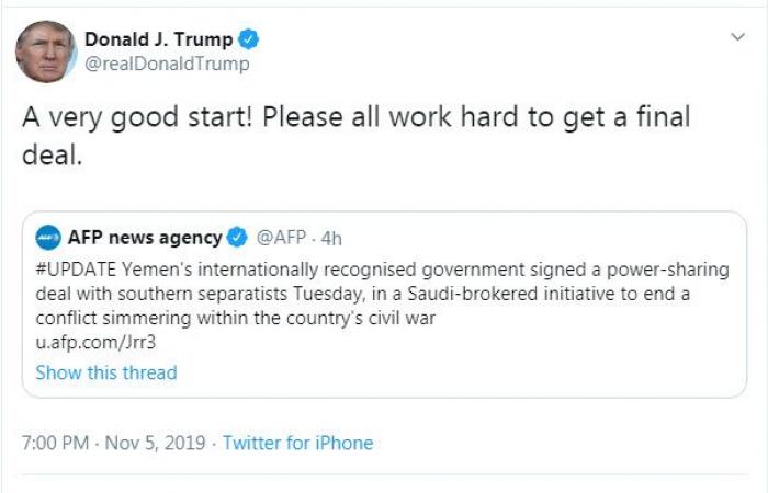 ترامب معلقاً على "اتفاق الرياض": بداية جيدة جداً