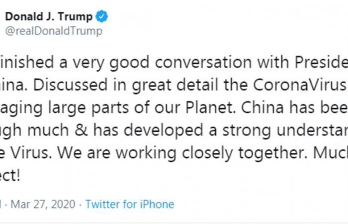ترامب: الولايات المتحدة والصين سيعملان معاً لمكافحة كورونا