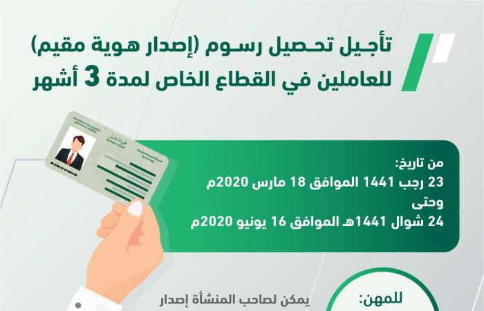 الجوازات السعودية: تأجيل تحصيل رسوم "إصدار هوية مقيم" 3 أشهر