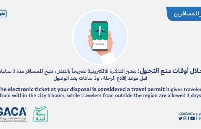 "الطيران المدني": تذكرة السفر تُعد تصريحًا بالتنقل خلال أوقات منع التجوُّل