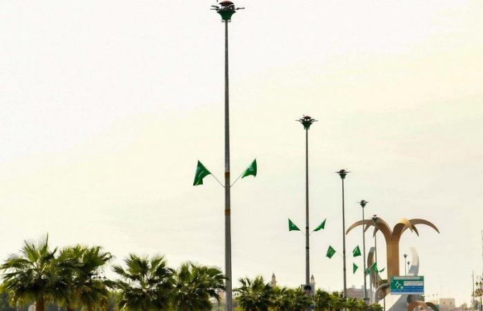 مباني وشوارع تبوك تتوشح باللون الأخضر ابتهاجاً باليوم الوطني