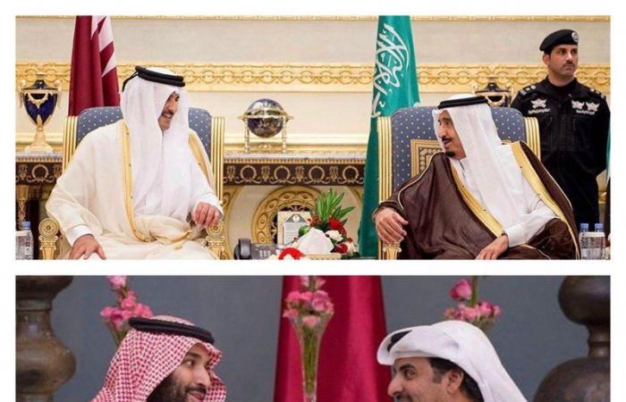 المغردون يتداولون صوراً تجمع بين خادم الحرمين وولي العهد مع أمير قطر