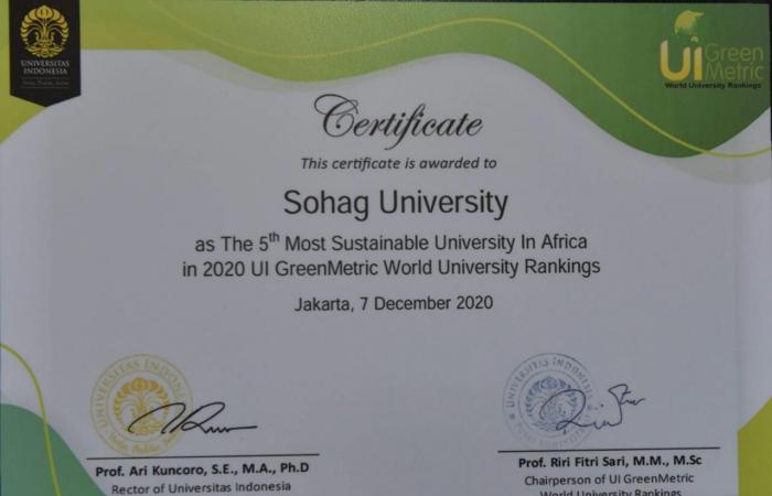 "سوهاج" تتسلم شهادة تصنيف الجامعات صديقة البيئة