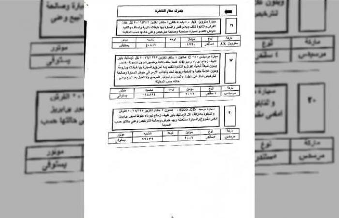 تفاصيل وشروط مزاد بيع السيارات المخزنة بساحة جمارك مطار القاهرة الأربعاء المقبل (صور)
