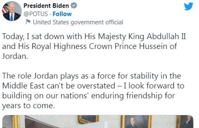 بايدن يغرد : لا ابالغ في الدور الذي يلعبه الأردن كقوة لاستقرار الشرق الأوسط