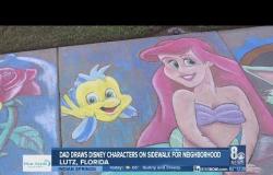 Father draws Disney characters on sidewalk for neighborhood