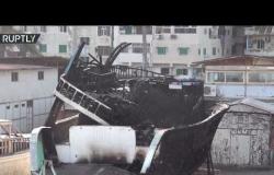 آثار حريق ضخم اندلع في مرسى للسفن بالإسكندرية