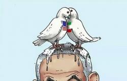 سفير سويسرا بطهران يعرض كاريكاتيرا لحمامتين تتبولان على رأس نتنياهو